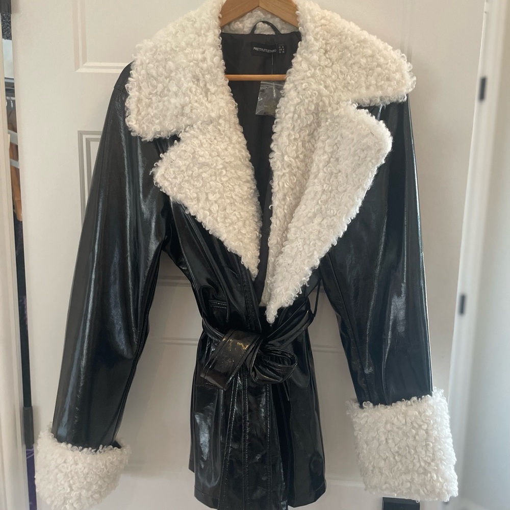 PLT Black Vinyl Contrast Curly Faux Fur Longline Belted Jacket